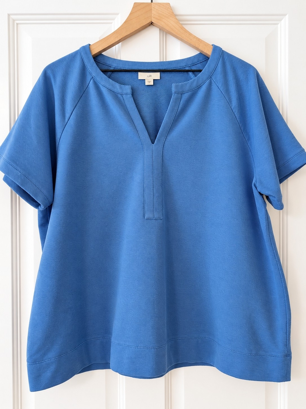 J. Jill Blue 100% Cotton French Terry Short Sleeve V-Neck Sweatshirt